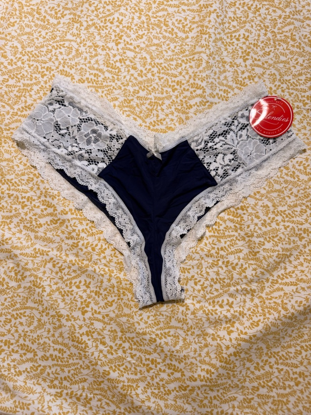 Navy Lace-Trim Bikini Panty with White Lace Accents